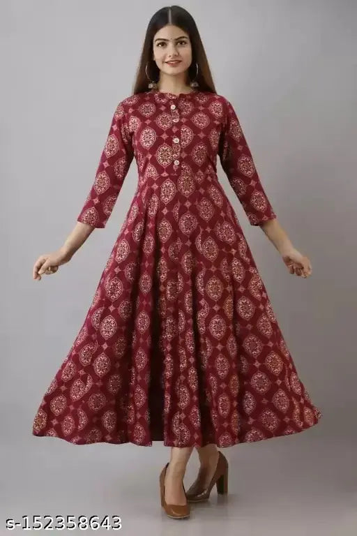 Maroon printed rayon kurti for women, three-quarter sleeves, Sanganeri print trendy casual wear