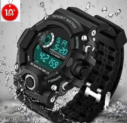 Black digital sports watch with dual time display, military style wrist watch, large dial, shockproof design, silicone strap