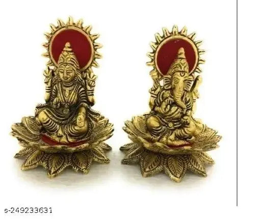 Golden metal antique finish Ganesh-Lakshmi murti idol, handcrafted in India for temple decor or home/office