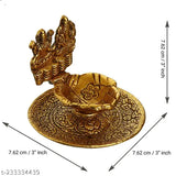 Antique gold-plated metal Lakshmi Ganesh hand diya for home decorative showpiece, perfect for housewarming or special occasion gifts. Handcrafted in India