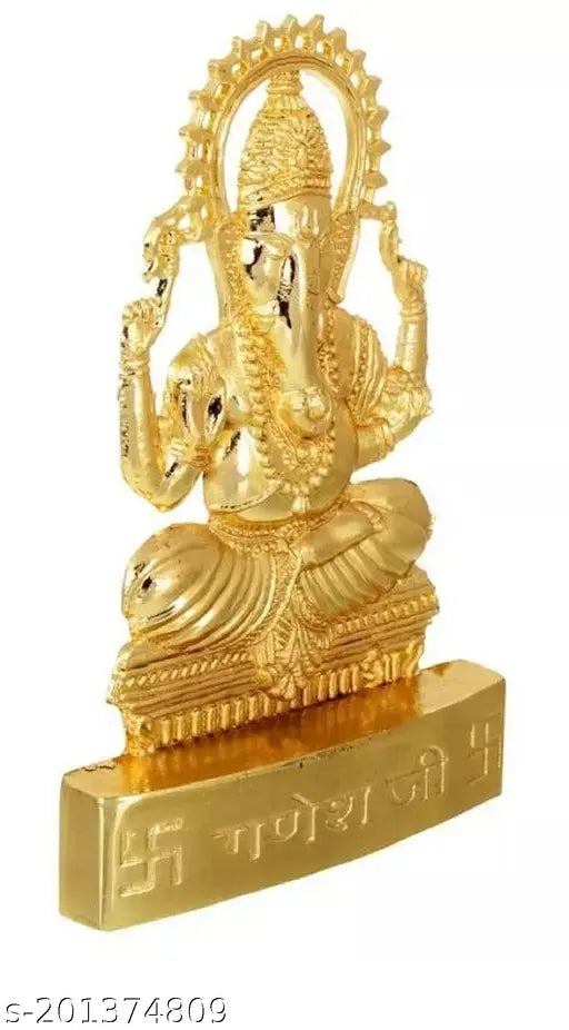Golden plated Ganesh Idol, metal, home decor, traditional Indian temple artifact, intricately designed