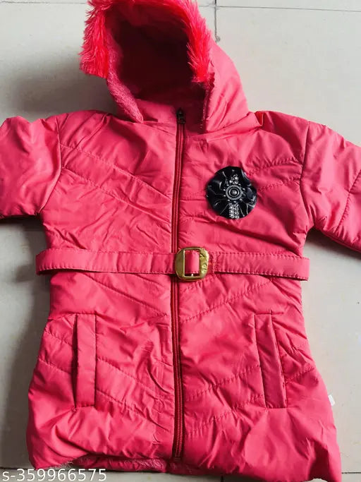 Pink padded jacket with a red fur hood and zip closure