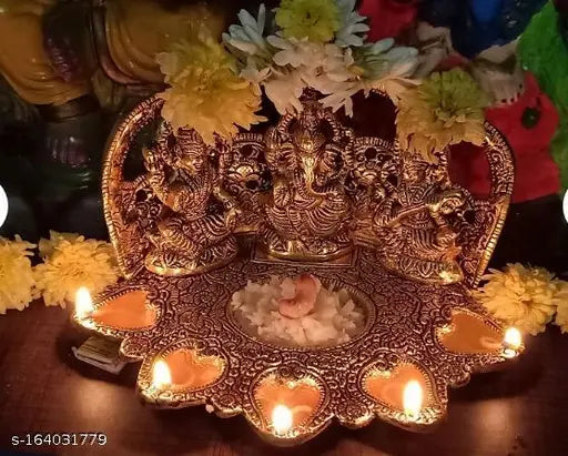 Gold-plated White Metal Laxmi, Ganesh, Saraswati idol oil 5-BATTI Diya - Exotic Indian home decor for Diwali festival season