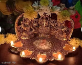 Gold-plated White Metal Laxmi, Ganesh, Saraswati idol oil 5-BATTI Diya - Exotic Indian home decor for Diwali festival season