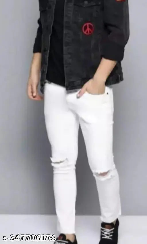 White cotton blend flaying men's knee-slit jeans, solid net style, size 28/30/32 from India