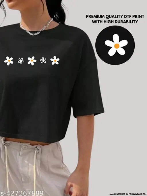 Black cotton print crop top, loose fit and drop shoulder design, suitable for workout or casual wear, women's and girls sizes available