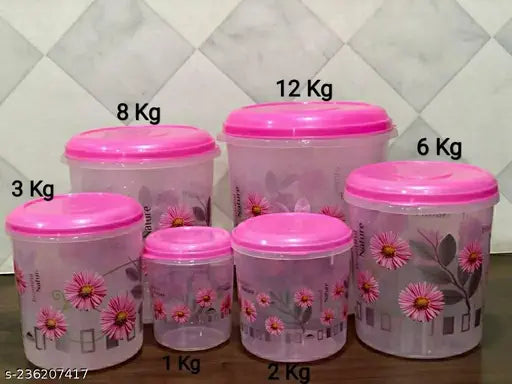 Set of 6 pink plastic kitchen storage containers with weights ranging from 1kg to 12kg