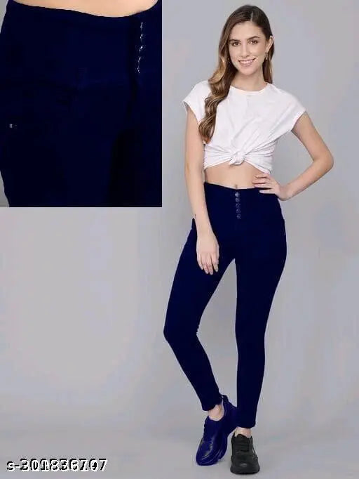 Blue denim women's 5-button jeans for party wear, comfortable and stylish, size options: 24, 26, 28, 30, 32 (India origin)