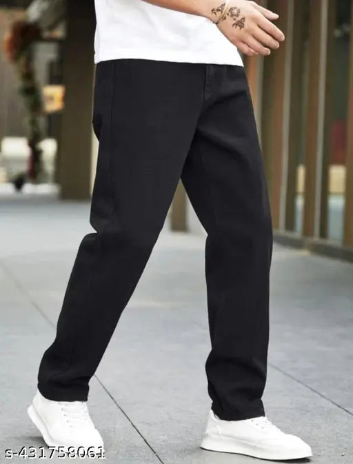 Black polycotton men's ankle length denim jeans, straight fit with loose boot leg for versatile style and comfort