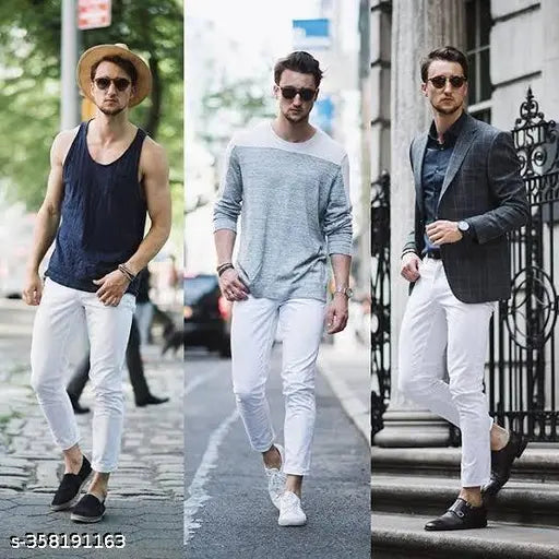 White cotton blend lycra trousers for men - contemporary office wear, stylish pants at lowest prices