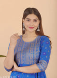 Blue border block gold printed rayon Anarkali kurti dress - traditional Indian long full-length style for women, S size (bust 36in, length 54in)