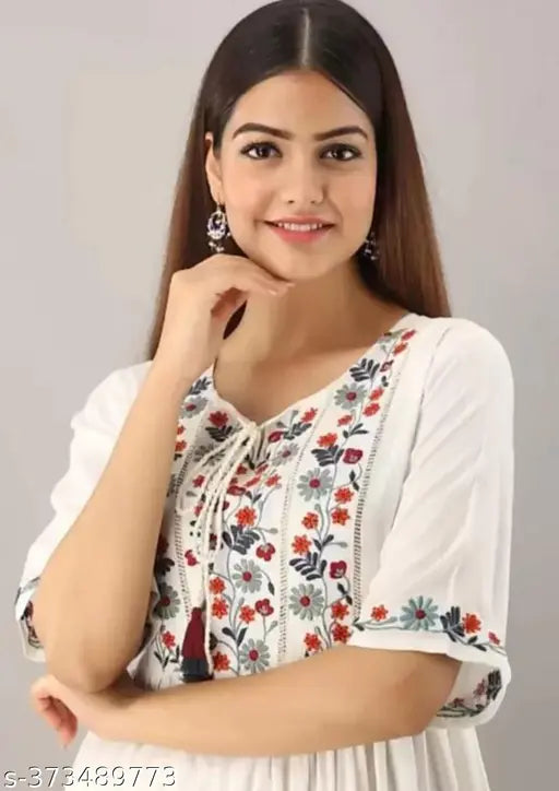 Women's cotton embroidered kurta in blue with white paisley details