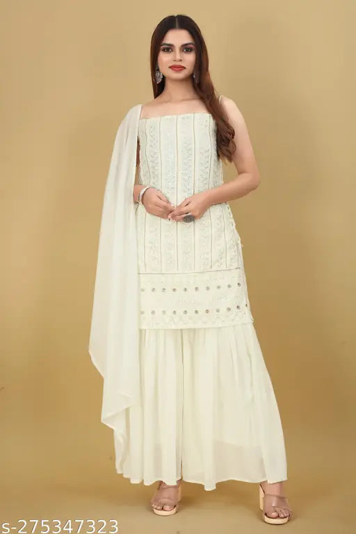 Unique white party dress, embroidery and sequin work, dupatta included