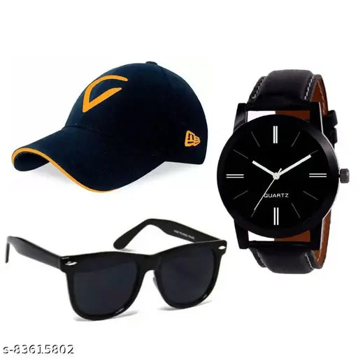Cotton baseball cap, embroidered net design with matching watch and sunglasses - Indian men's combo for a new look