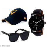 Cotton baseball cap, embroidered net design with matching watch and sunglasses - Indian men's combo for a new look