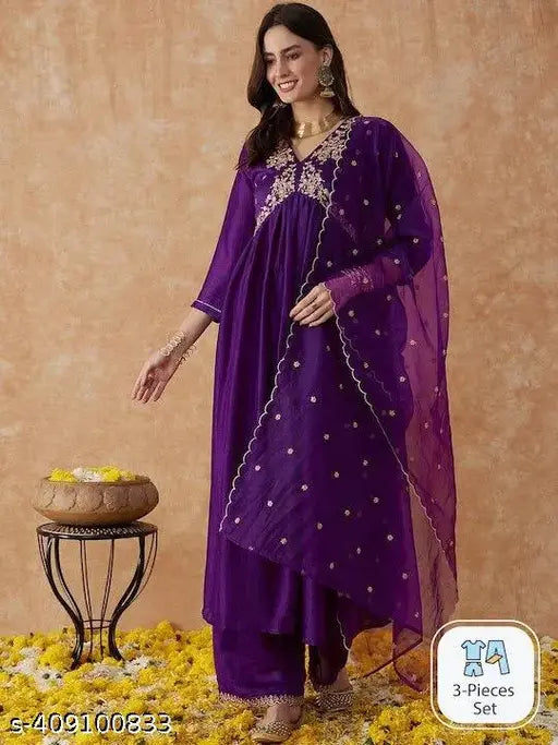 Purple vichitra silk A-Line kurta with palazzos and dupatta, embroidered sequence details. Suitable for weddings, parties, and festive celebrations