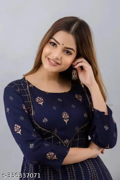 Rayon Anarkali kurti gown in gold buti print, trendy Indian fashion for women