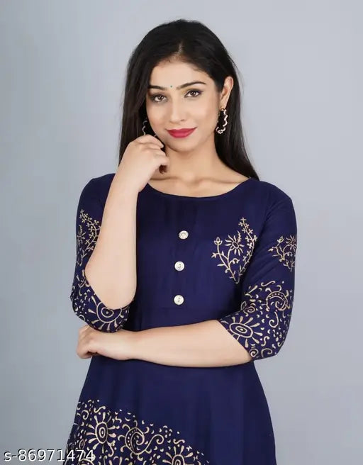 Rayon Jaipur Printed Summer Kurti, three-quarter sleeve, traditional gold hand block print work - Indian ethnic fashion