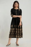 Rayon printed long flared Anarkali Kurti, three-quarter sleeves, black design - Indian women's fashion