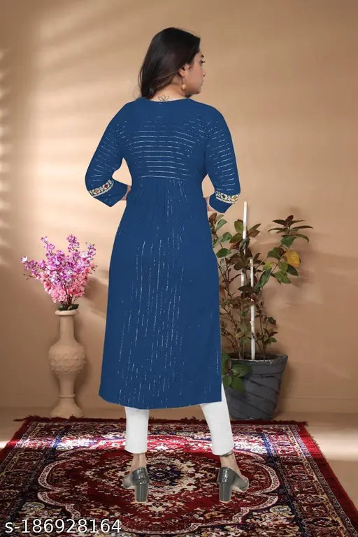 Rayon slub straight embroidered kurti, silver lining, printed combo for women's daily/party wear, India" (105 characters)