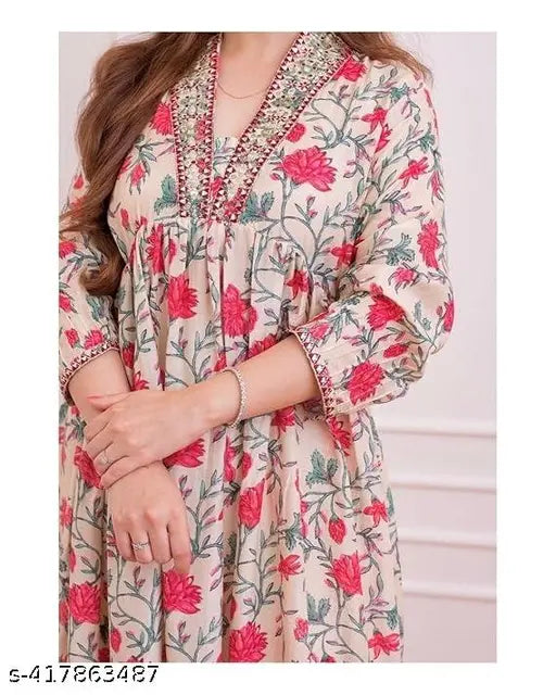 Rayon Alia Cut Kurta-Pant Set with printed net, three-quarter sleeves, available in S, M, L, XL, XXL, XXXL - Indian fashion for breathable comfort