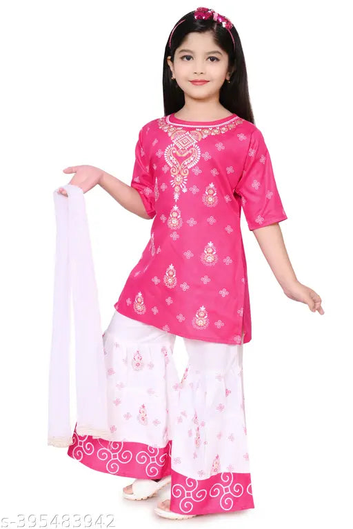 Musklyn Fashion Girls ethnic rayon kurta palazzo sets with dupatta, printed cotton for kids aged 2-5 years, Indian origin