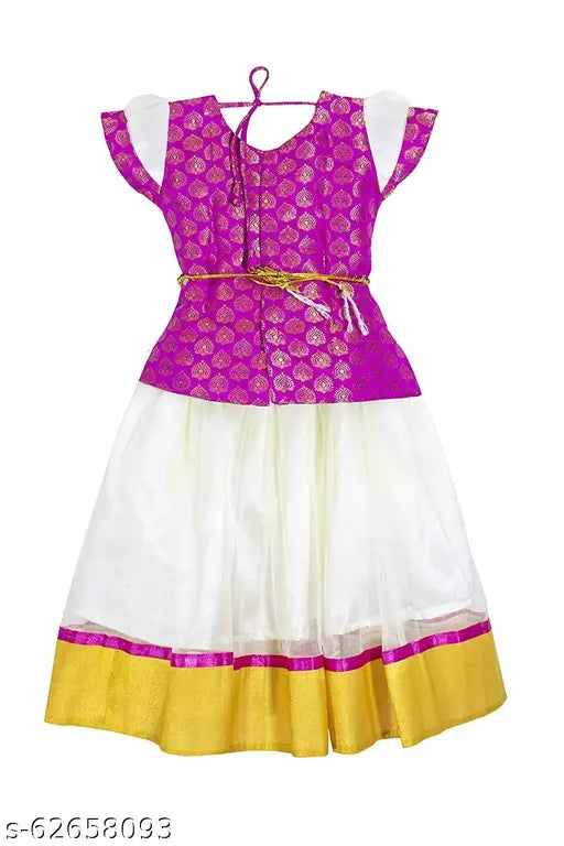 Chanderi silk and satin embellished South Indian girls' traditional outfit (Pattu Pavai/Lehanga Choli), short sleeves, 6-12 months, ornamental embroidery