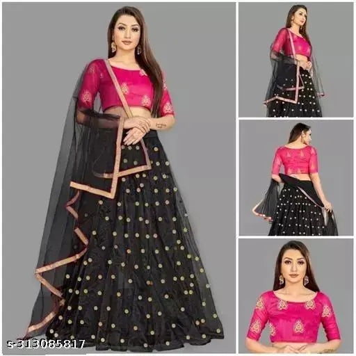 Black and Pink Embroidered Semi-Stitched Net Lehenga for Women - Elegant ethnic wear, intricate embroidery, trendy lehenga choli