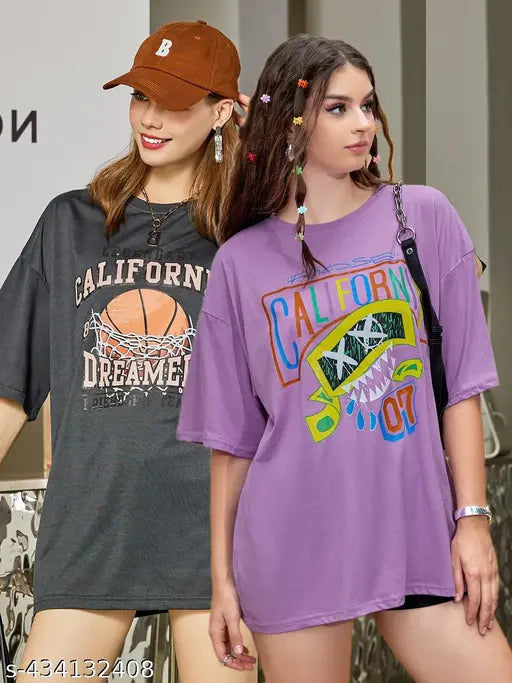 Oversized purple t-shirt with graphic design, pack of 2