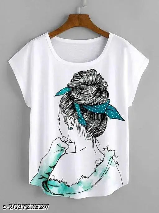 Polyester round neck casual printed women's t-shirt, short sleeves, vibrant pattern. (S: bust 34in, length 23in / M: bust 36in, length 24in / L: bust 38in, length 25in / XL: bust 40in, length 26in / XXL: bust 42in, length 26in) India-made