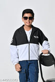 Black and white jacket with hood, zip closure, long sleeves