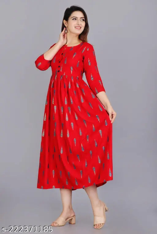 Red cotton anarkali kurta, button front closure