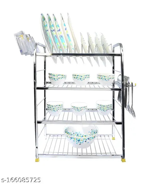 Stainless steel wall-mounted 4-shelf dish rack, holding plates, glasses and cutlery