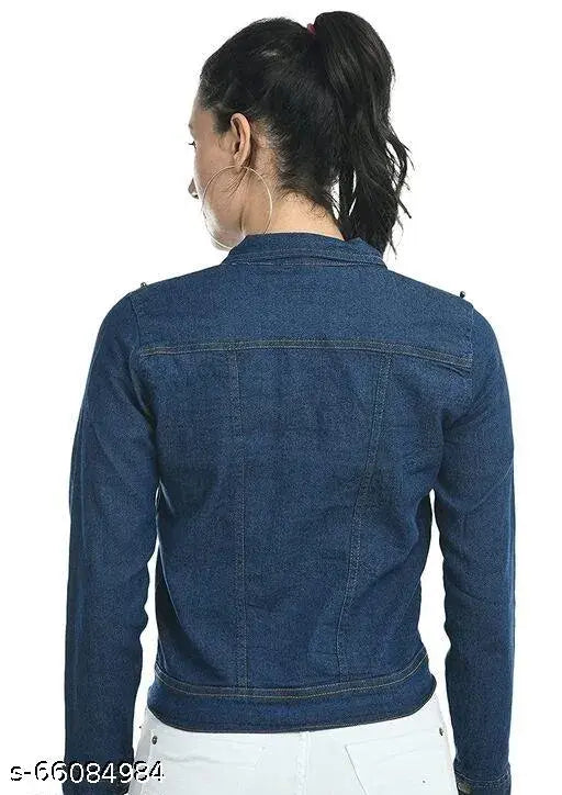 Trendy denim full sleeve embellished women's jacket, India-made, sophisticated style, solid pattern, long sleeves, closure button front