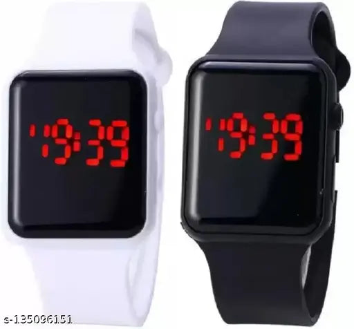 Black and white digital smartwatch with a date and time function, featuring a lightweight silicone strap and a hot-and-cool design, suitable for men, kids, boys, girls, and women