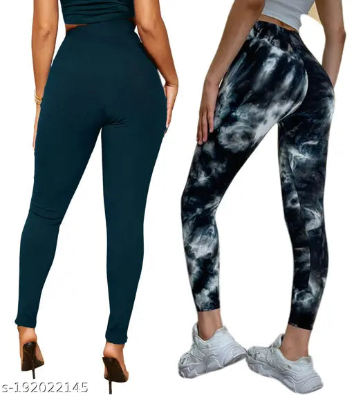 Imported black lycra leggings for women, high-quality gym wear, solid fill, under $299. Pack of 2 with different sizes: 26, 28, 30, 32, 34, 36 inches waist and hip. Made in India