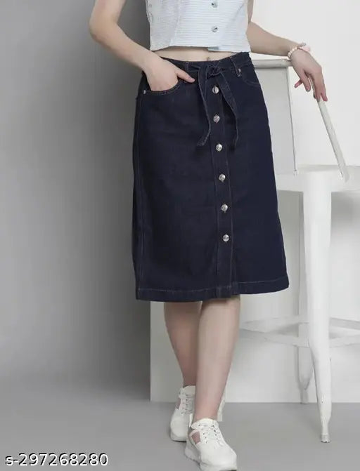 Solid denim knee-length skirt, size options: 28, 30, 32, 34, 36, 38, 40. Indian-made denim apparel