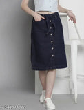 Solid denim knee-length skirt, size options: 28, 30, 32, 34, 36, 38, 40. Indian-made denim apparel