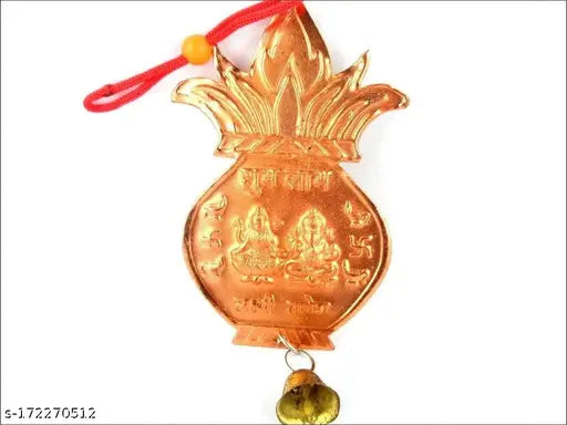 Metal Hindu Ganesha Lakshmi Subh Labh Kalash with hanging bell - Indian religious wall art for home decor, promoting health, wealth, progress, prosperity & good luck