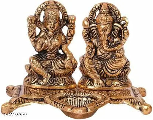 Metal Laxmi Ganesh Diya Idol Set, Indian crafted, 15x11x10cm for home, temple, office, gifting; symbolizes luck, happiness, prosperity