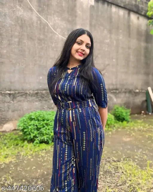 Women's rayon printed casual jumpsuit, three-quarter sleeves, vibrant pattern on soft, comfortable fabric - Indian made