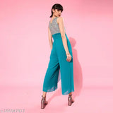 Purple georgette Miss Chase jumpsuit, embellished with turquoise layers, round neck, sleeveless, features two side pockets