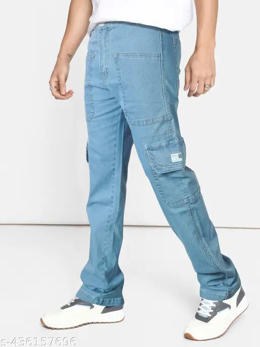 Light blue Lycra cargo jeans for men, non-stretchable fit, quality garment from India (Size 28, Waist 29in, Length 42in, Hip 34in)