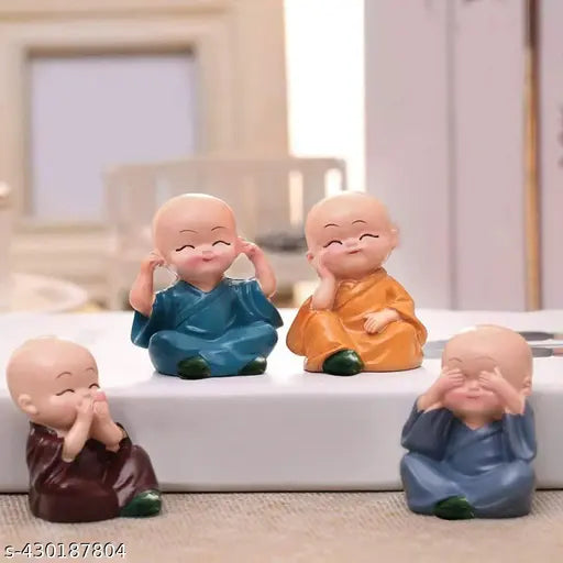 Multicolor resin Laughing Buddha Monk dolls for home, office, and car decoration - Embrace positive energy with these 4 charming figurines representing prosperity and good fortune