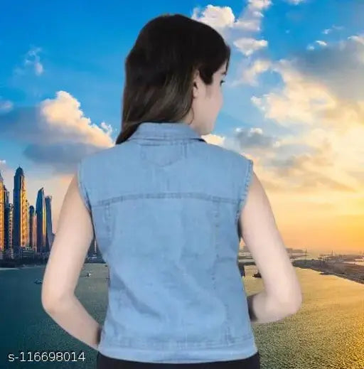 Sleeveless dyed/washed denim jacket, size S (bust 34in, length 19in), made in India