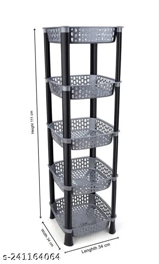Black metal wire-sided storage rack with 4 levels, suitable for fruits, vegetables, office use, grey color