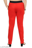 Red cotton plain women's track pants with side pockets