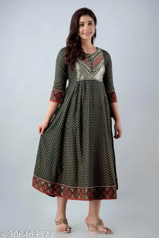 Rayon gold print anarkali style kurtis from India, three-quarter sleeves, superior quality printed combo