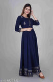 Rayon embroidered Anarkali Kurta with solid print, three-quarter sleeves, Indian fashion on model