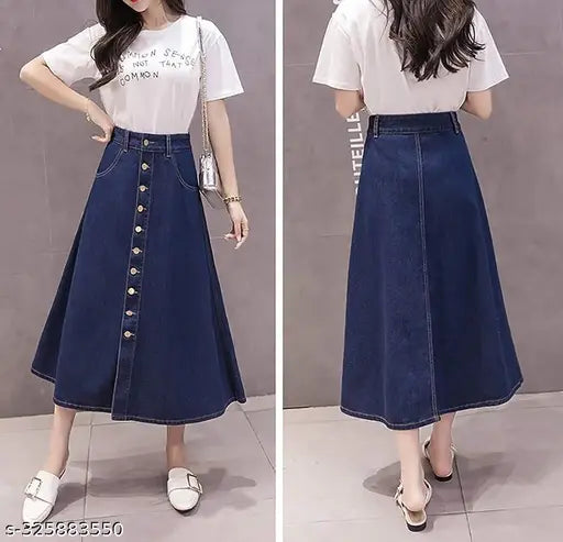 Navy Blue Buttoned A-Line Maxi Denim Woman Skirt - Lightweight & breathable denim skirt for women, trendy and versatile fit for all body types